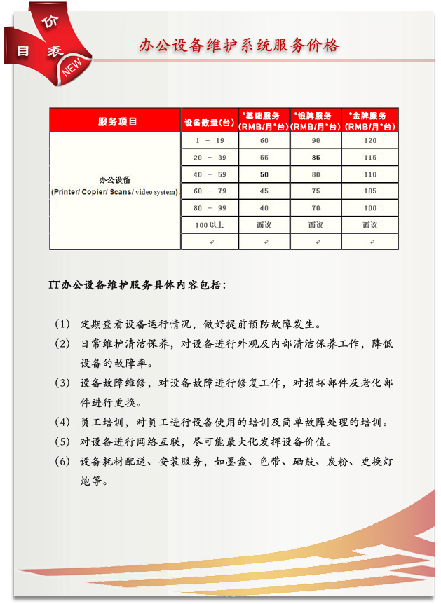 辦公設備維修服務費用
